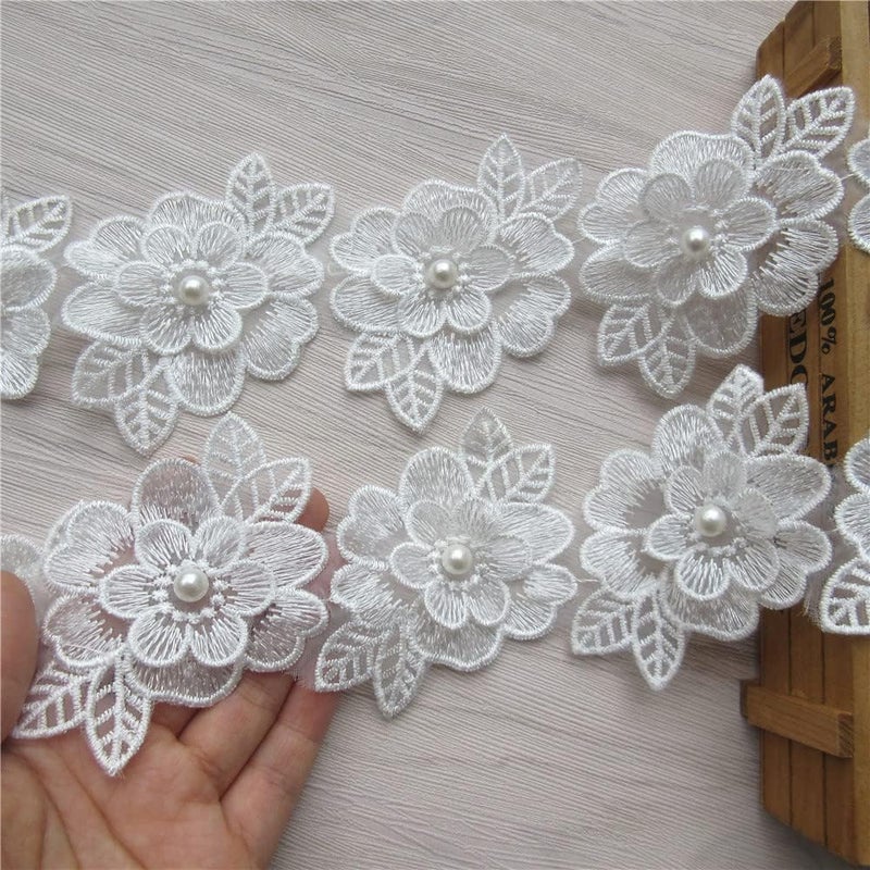 SHBBON 2 Yards 3D Flower Lace Trim Pearl Embroidered Polyester Lace Ribbon Fabric Applique Patchwork for Wedding Dress Handmade DIY Sewing Craft Supplies Decoration (White) - Image 4